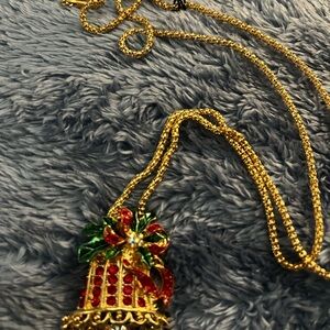 Betsey Johnson Gold Necklace with Red and Green Bell Pendant and earring bundle